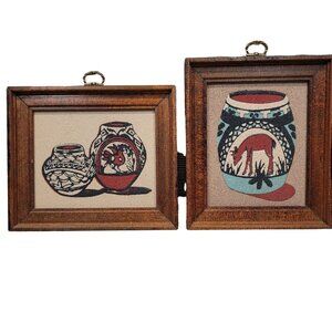 2 Glazed Pueblo Pottery Native American Framed Sand Painting Art Rainbow Way Vtg